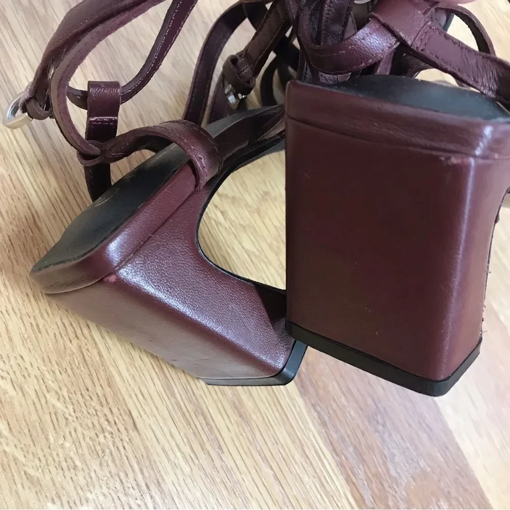SEYCHELLE Burgundy Braided Leather Chunky Heel Sandal Strappy Woven‎ Size 6